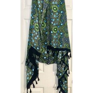 Wayan Natural Wear Sarong Cover Up Lime Green Blue Mandala Fringe Scarf Festival